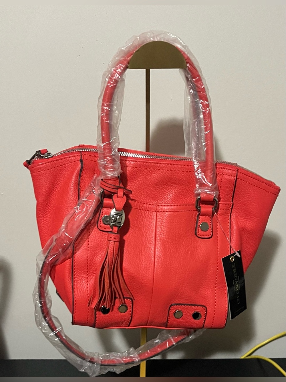 Tignanello Coral Red Leather Tote Bag with Tassel